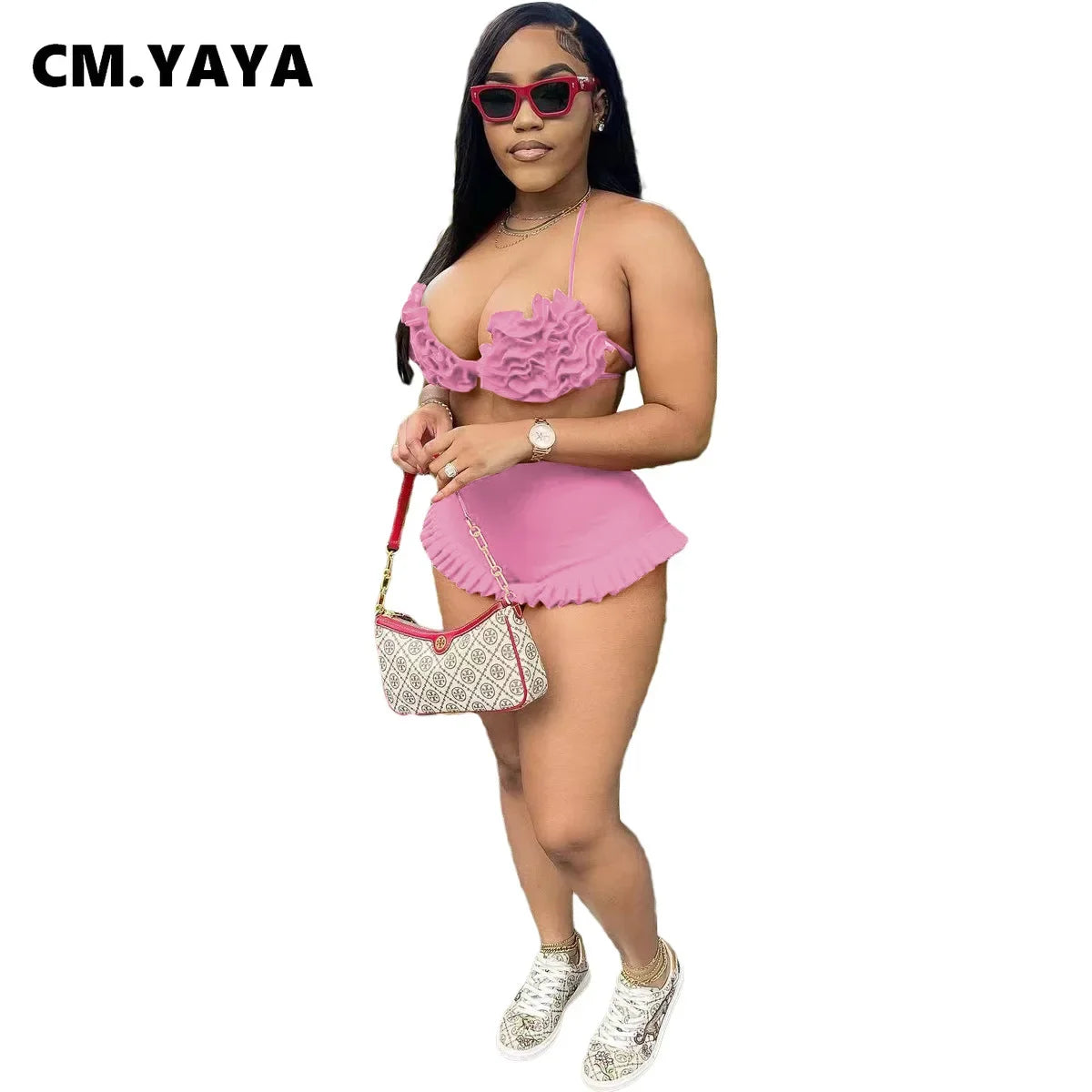 CM.YAYA Women's Set Ruffles Crop Top Bra and Shorts Bikini Set Streetwear Casual Two 2 Piece Outfits Summer 2024 Beach Holiday