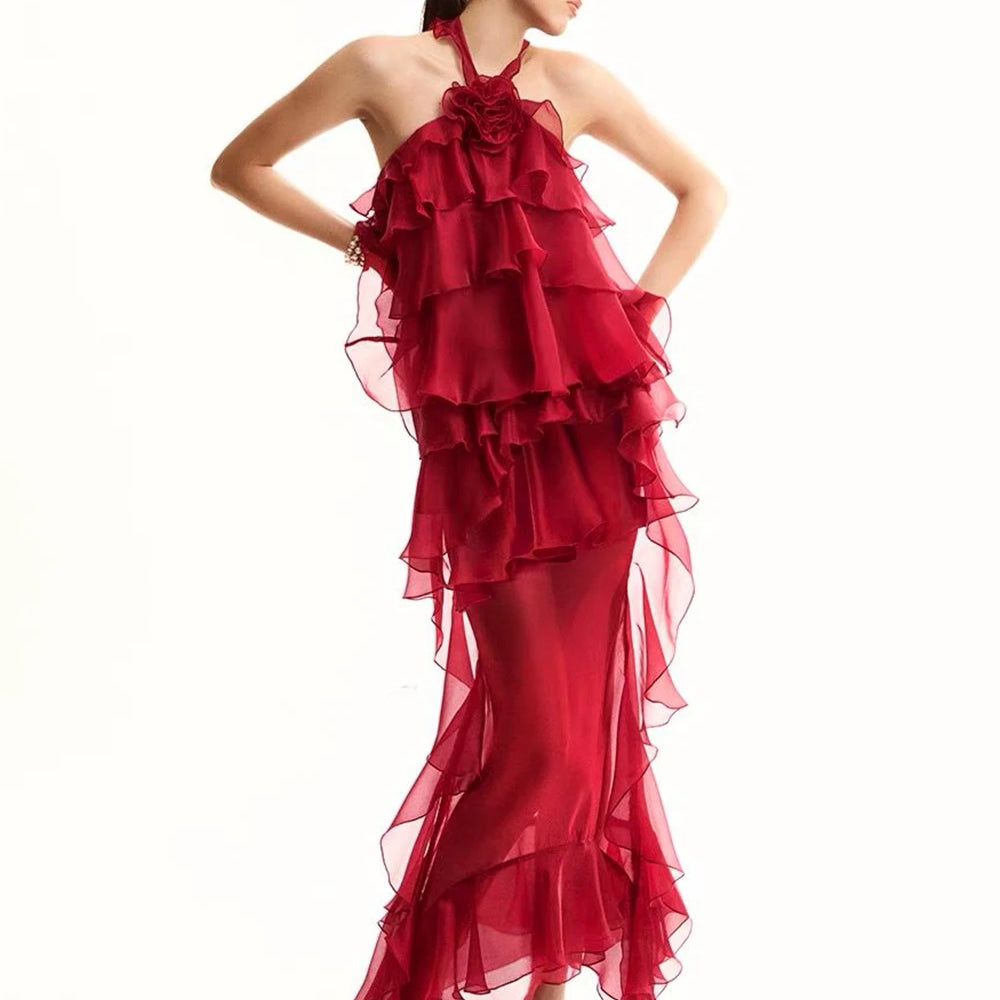 Women Gauze Perspective Irregular Elegant Long Party Dress New Ruffles Sleeveless Fashion Tide Summer 2025