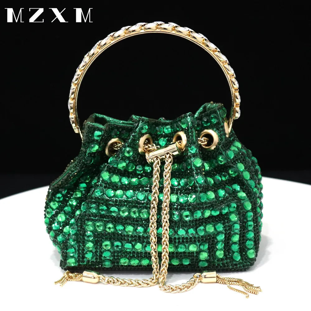Rhinestones Women Evening Bags Bucket Design Party Day Clutch Soft Mixed Color Handle Design Handbags Purse Mature