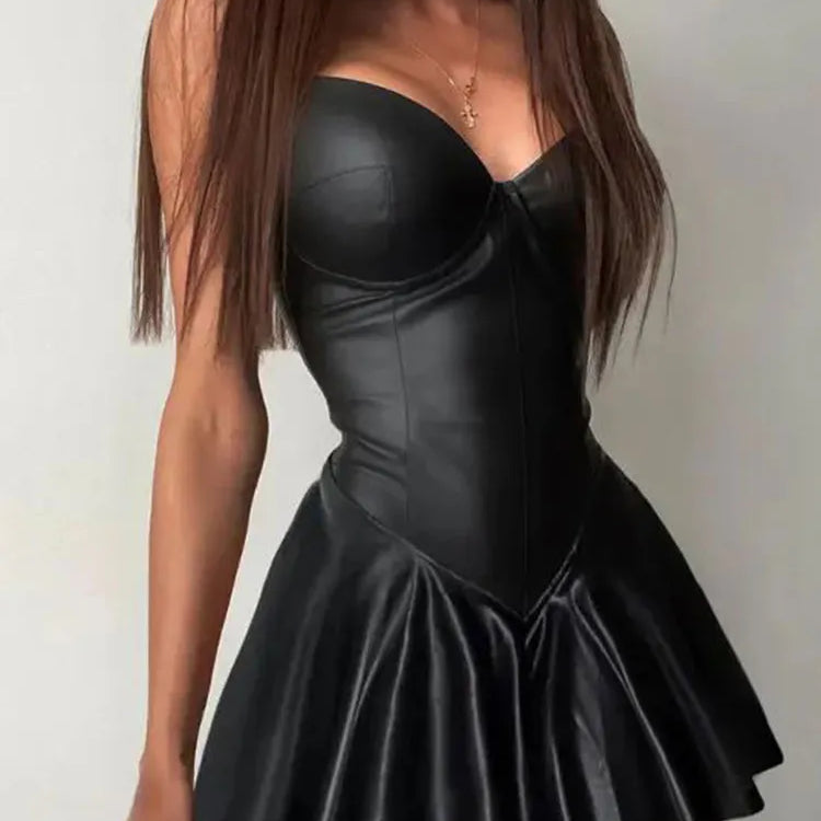 Spaghetti Strap Leather PU Pleated Dress Women's Sexy Bodycon Fashion Low Chest And Back Leakage Mini Dress Clubwear