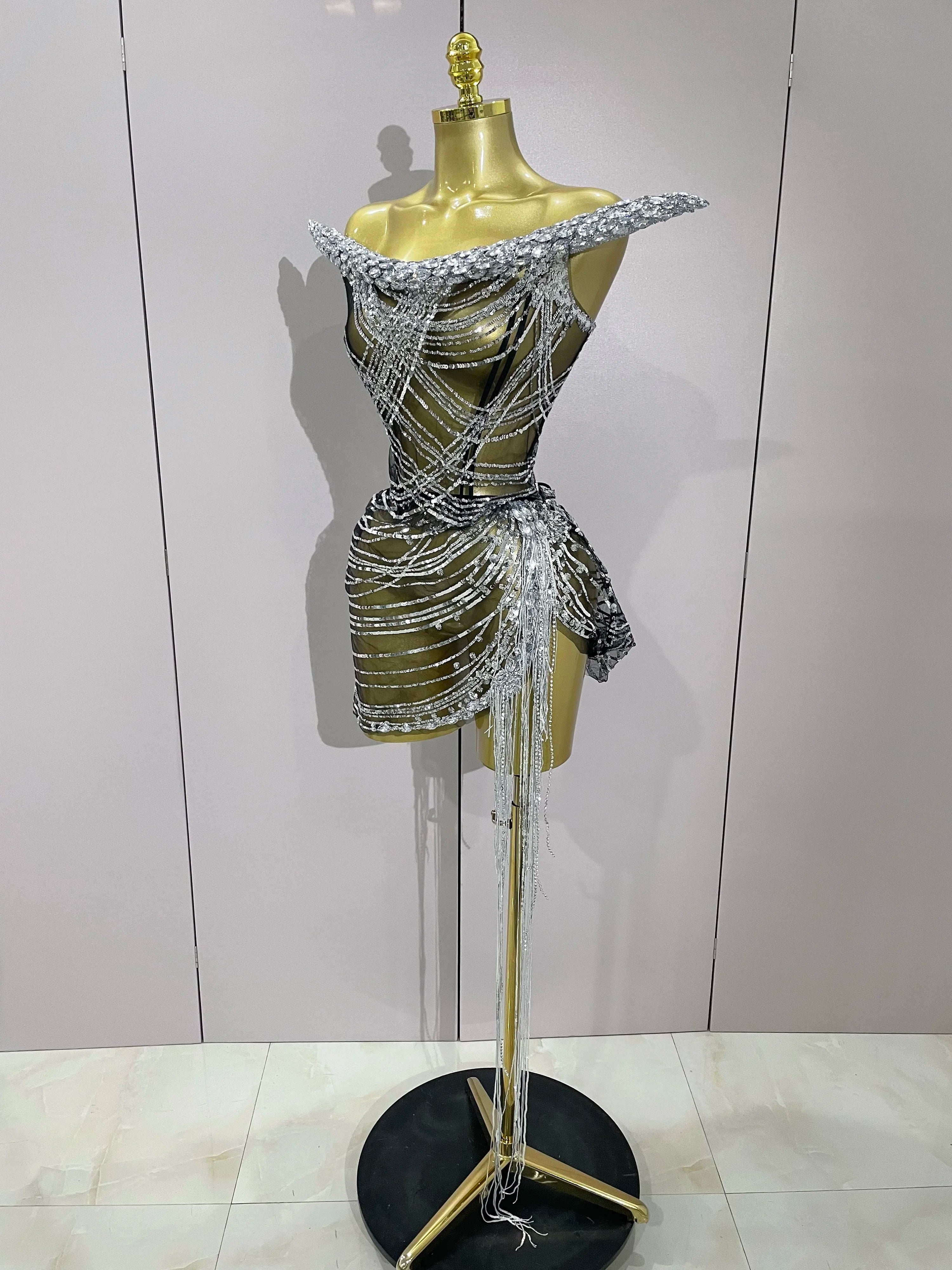 Stock Sexy Shinning Diamond Tassels Chain Strapless Tops Skirt 2 PCS Women Evening Party Celebrate Nightclub Performance Costume