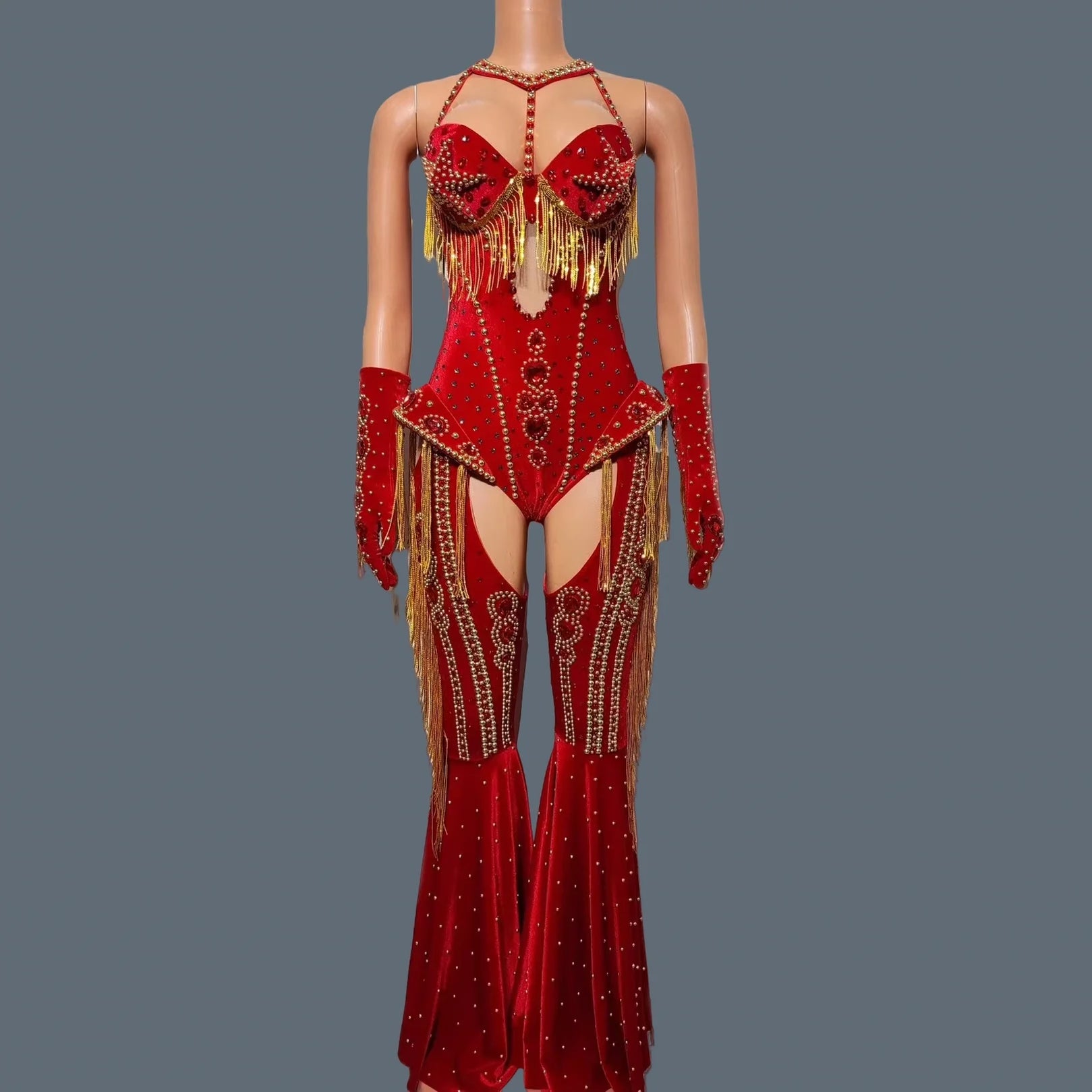 Sparkly Rhinestone Tassel Luxury Bodysuit 4Piece Set Cowboy Night Out Party Outfit Stage Show Jumpsuit Carnival Wear Hongding