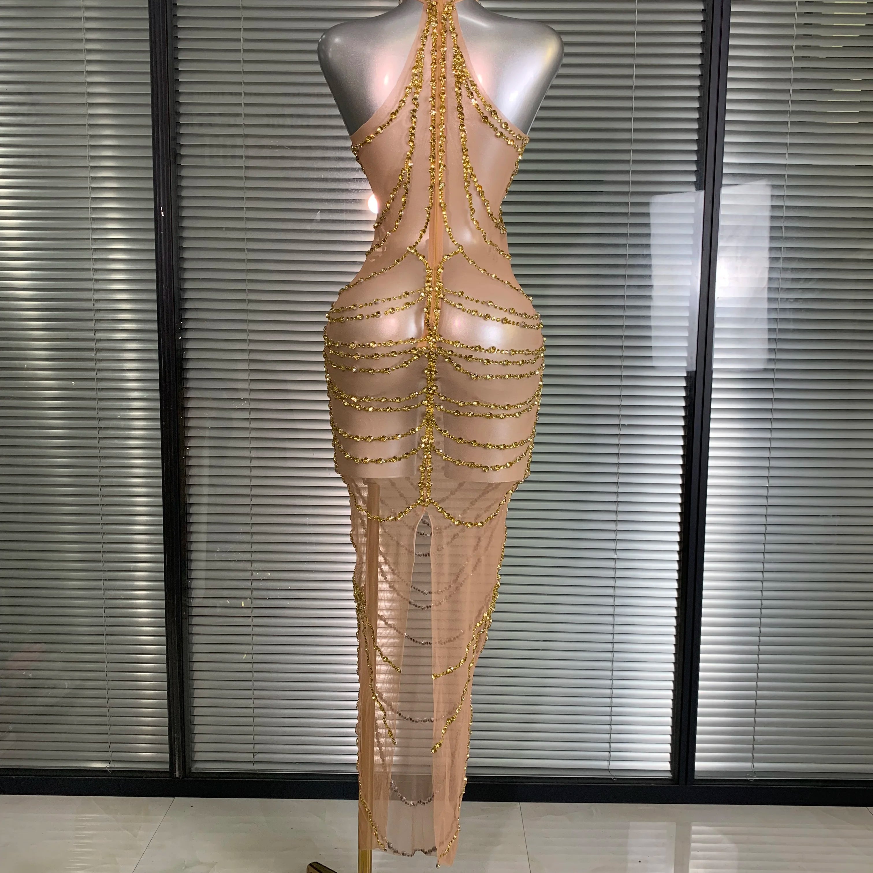 New Women Sexy Mesh Crystal Diamonds Shinning Long Maxi Dress See Through Gold Silver Party Costume Stage Performance Dress