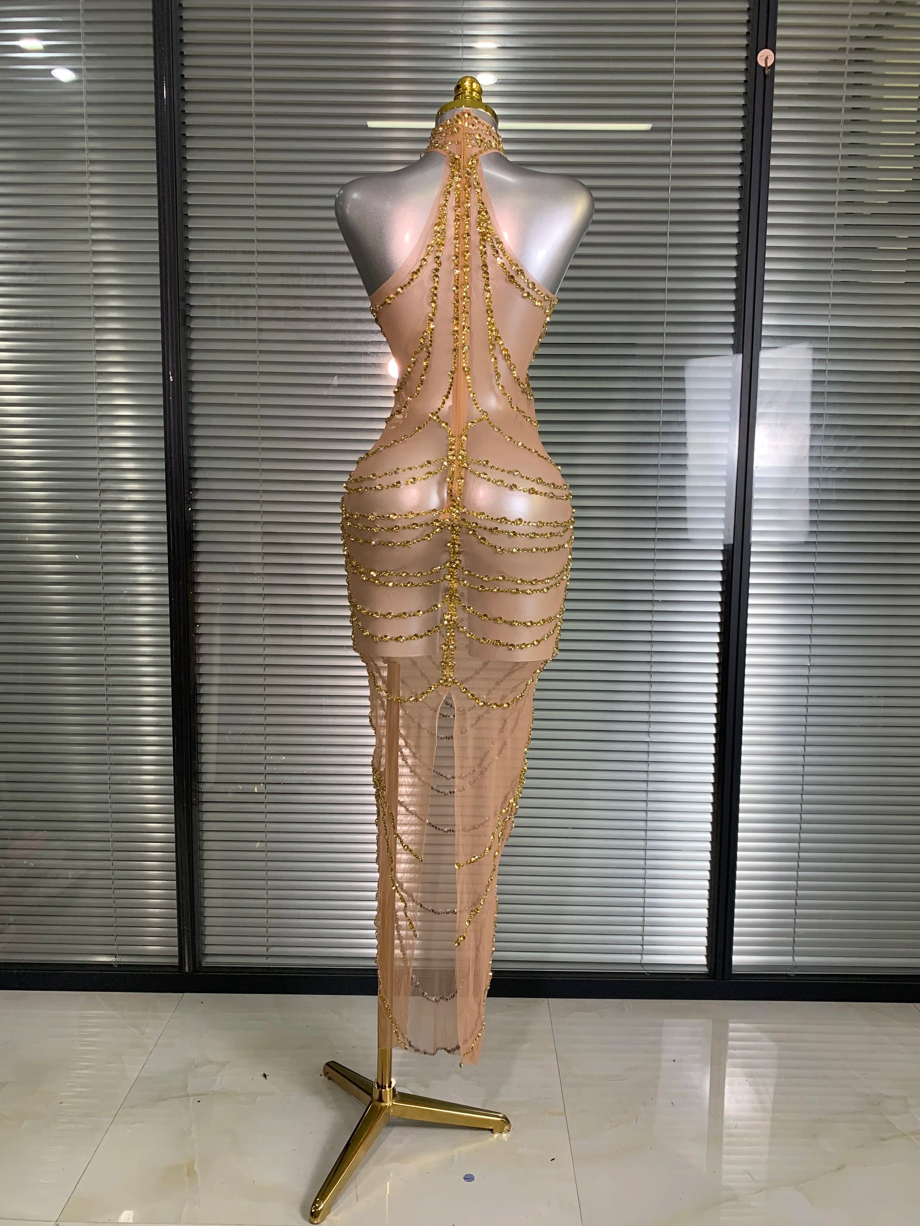New Women Sexy Mesh Crystal Diamonds Shinning Long Maxi Dress See Through Gold Silver Party Costume Stage Performance Dress