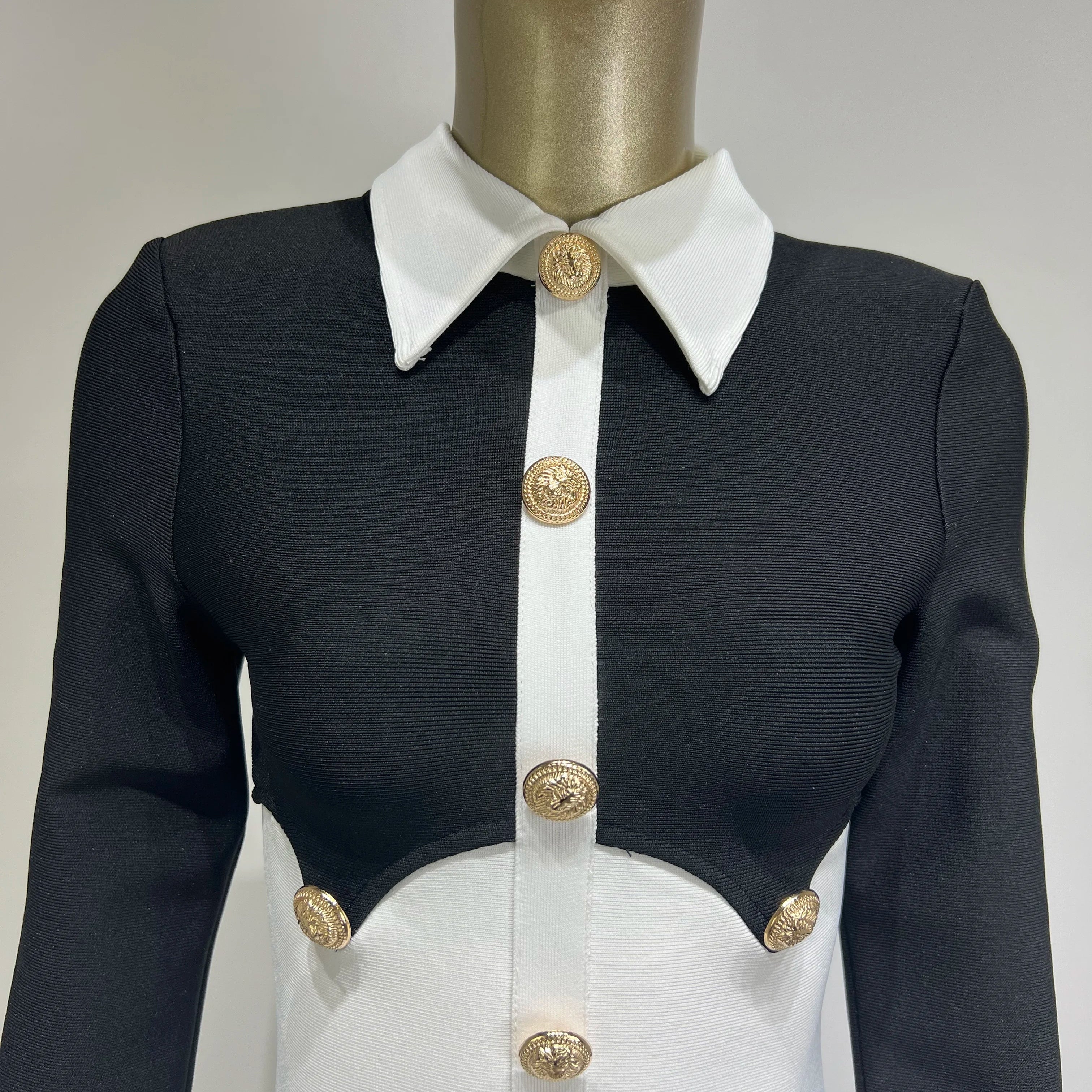 Women Celebrity Sexy Long Sleeve Patchwork Black White Button Mini Bodycon Bandage Dress Elegant Evening Club Party Dress