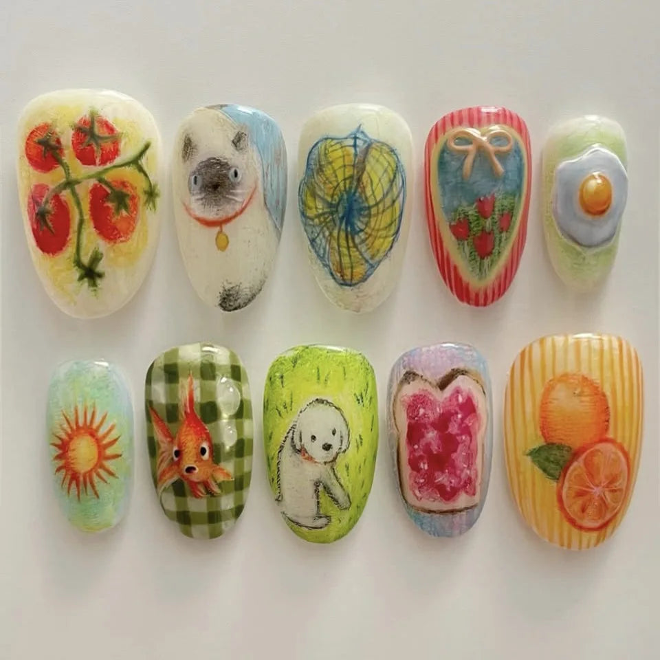 24pcs Cute Cartoon Nails Sets Press on Colorful Short Almond False Nails Art Finished Detachable Rabbit Insect Design Fake Nail