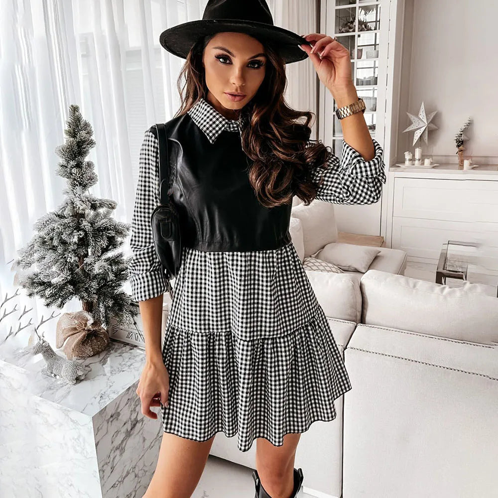 Casual Long Sleeve White Shirt Dress For Women Autumn PU Leather Patchwork Plaid Sweet Office Ladies Mini Dresses Vestidos Plaid