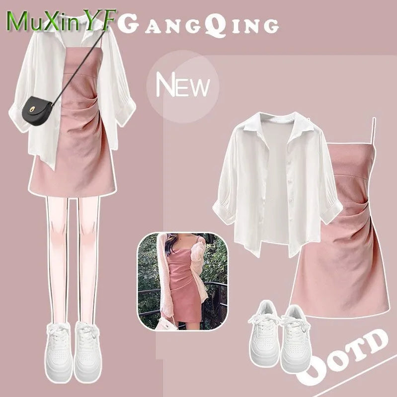 Musim panas gaun baru yang cocok dengan set kemeja tabir surya fashion wanita top+rok tali dua potong gaun chic elegan korea elegan