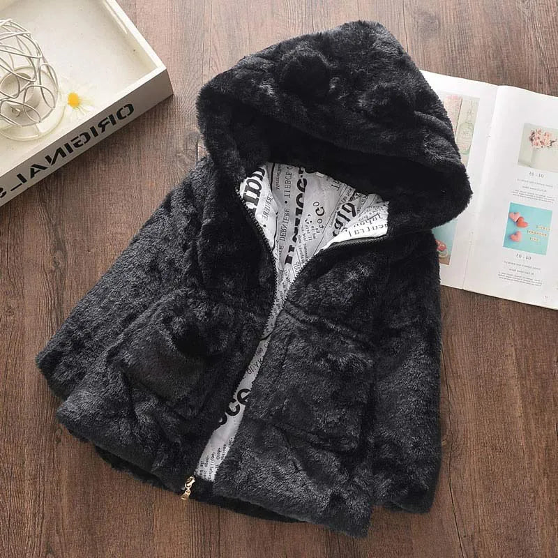 Winter Baby Girls Clothes Faux Fur Coat Fleece Jacket Warm Snowsuit Hooded Parka Children's Outerwear Autumn Clothing AZ1773 Black