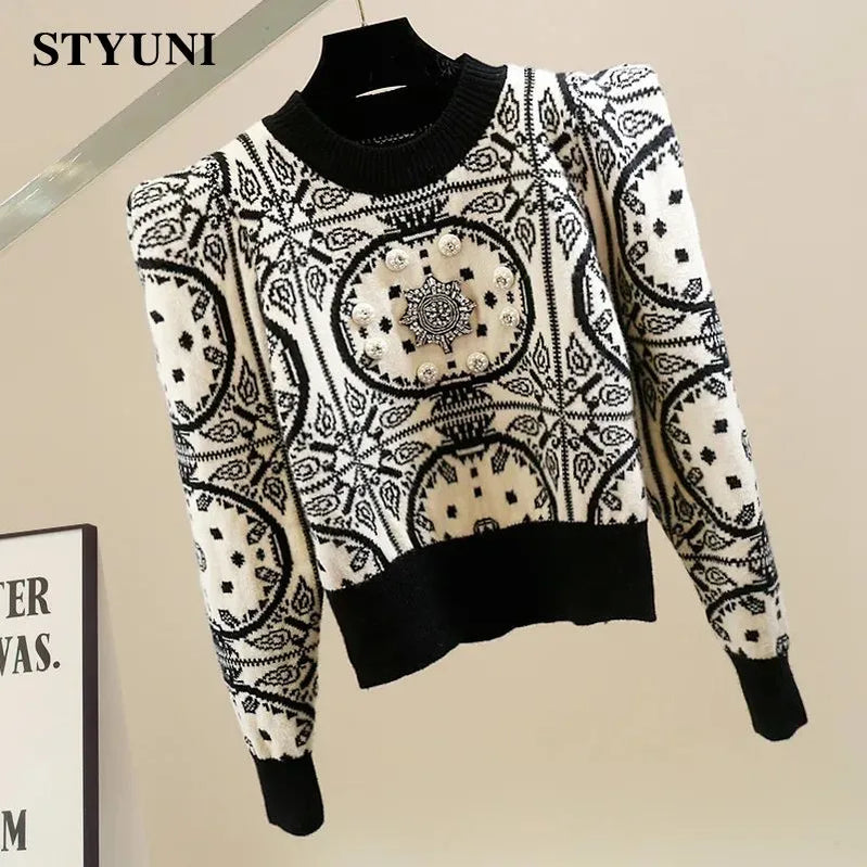 Schwarz Acrylgestrickte Diamanten Perlen o-neck Langarm Frauenpullover koreanischer Mode Chic Pullover Pullover Herbst Winter