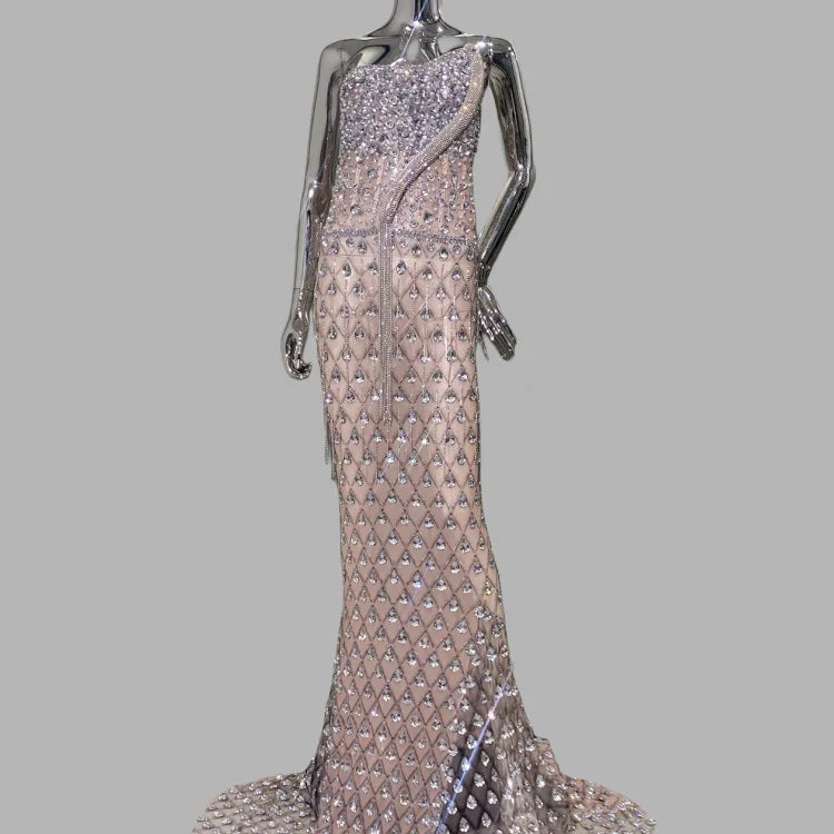 High Quality Super Shining Crystal Mesh See Through Floor Lenght Dress Woman Birthday Party Dress Stage Performances Costume