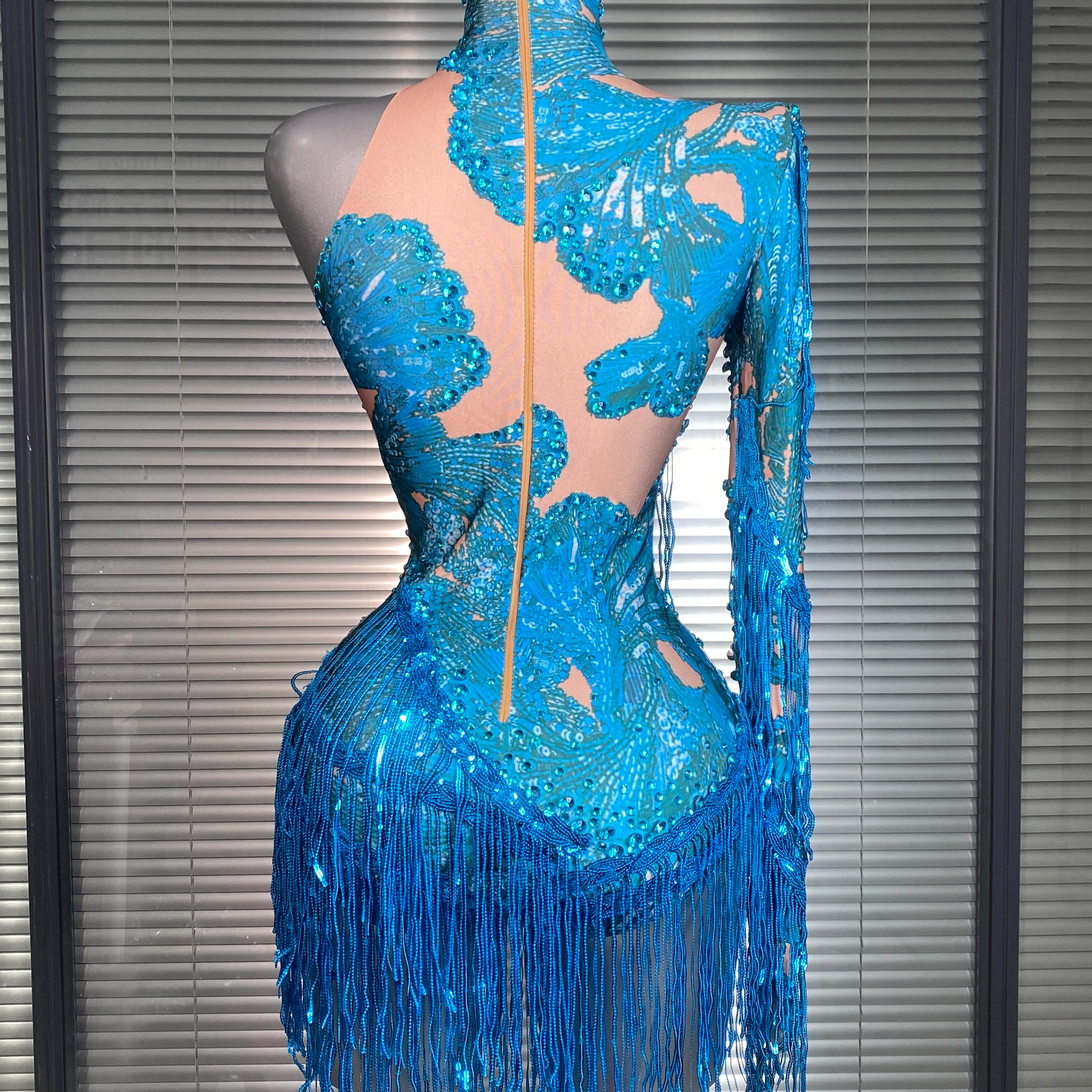 New Celebrity Women Sexy Purple Blue Stretchy Single Sleeve Night Club Singer Dancer Tassel Stage Costume Party Bodysuit