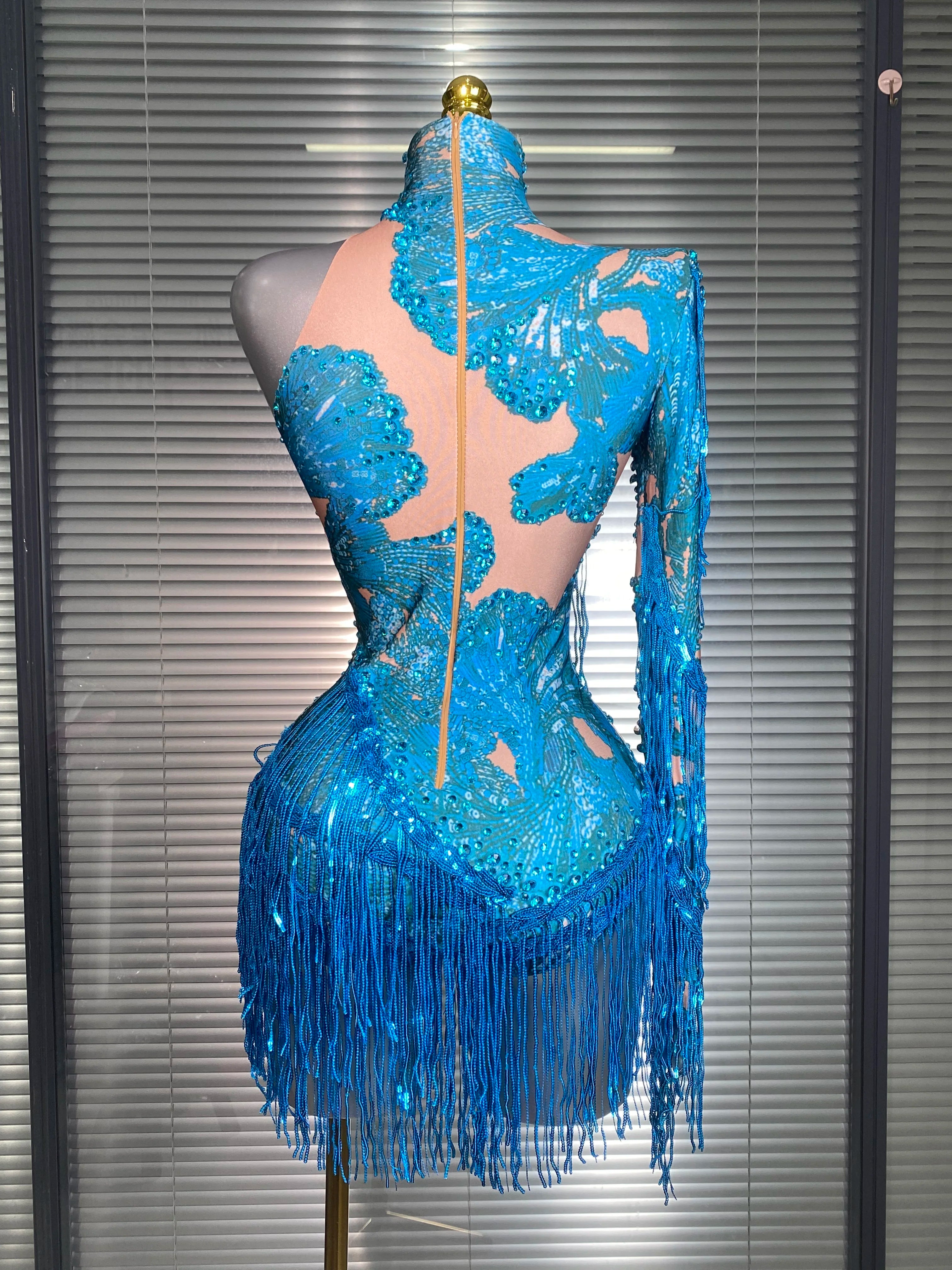 New Celebrity Women Sexy Purple Blue Stretchy Single Sleeve Night Club Singer Dancer Tassel Stage Costume Party Bodysuit