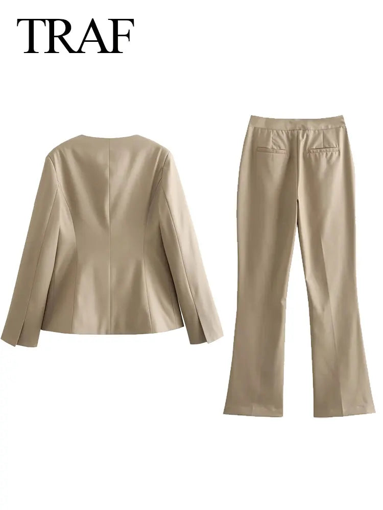 TRAF Spring Women's Khaki Office Lady Blazer Suit Single Breasted Jacket High Waist Women's Slightly Spicy Zipper Pants Set
