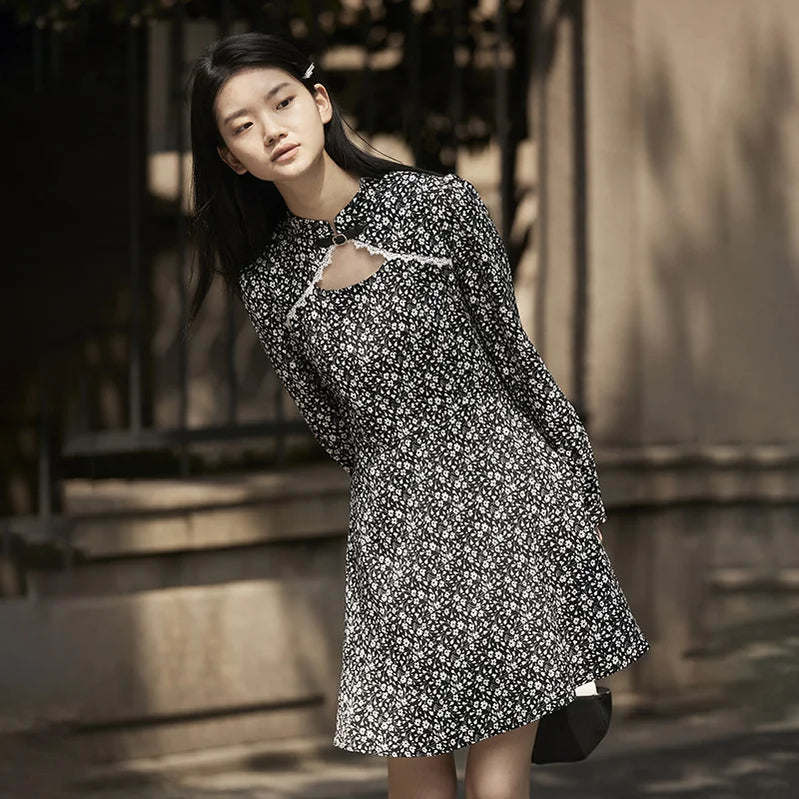 Dress Women Lace Hollow Floral Winter New Romantic Retro Temperament Chiffon Dress black tone