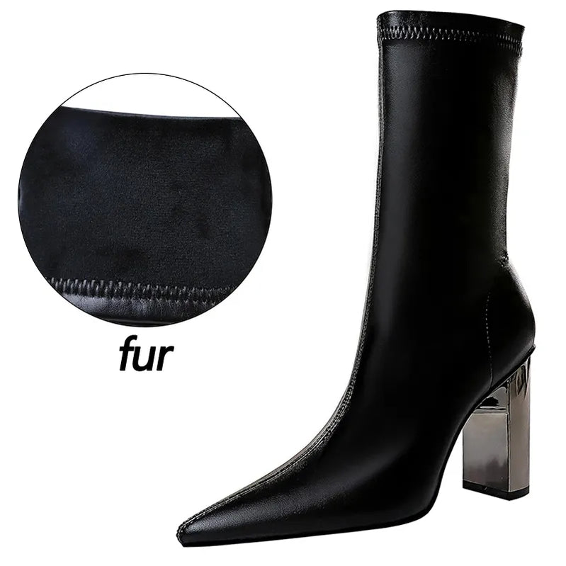 Shoes Metal Chunky Heel Leather Boots Women Mid-Calf Boots Fashion Autumn Winter Shoes High-heel Boots Female Shoes blackfur