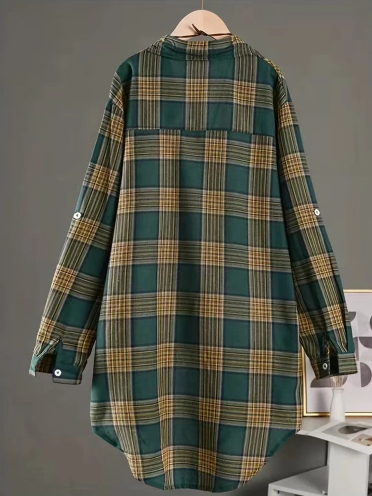 Plaid Medium Long Blouses Casual Style Loose Shirts Female Summer Beach Sunscreen Blouses Fashion Korean Style Female Blouses