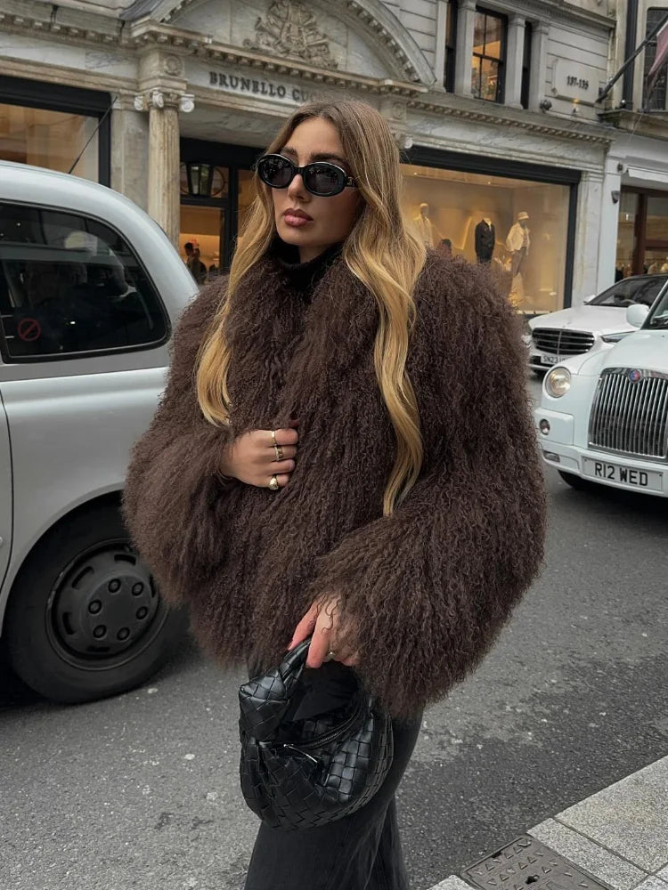 Winter New Fashion Solid Fluffy Fur Coat Women High Street Luxury Lapel Collar Faux Fur Jacket Female Casual Overcoats