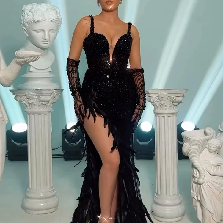 VC Black Pearls Long Dress Spaghetti Straps Sweetheart Neck Feathers Embellished Split Sequins Party Evening Gown With Gloves