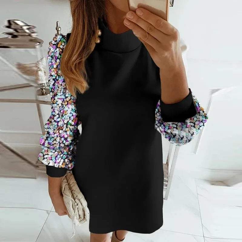 Office Lady Dress Elegant Button Turtleneck Autumn Winter Dress Women New Fashion Sequins Long Sleeve A-Line Party Dress Vestido
