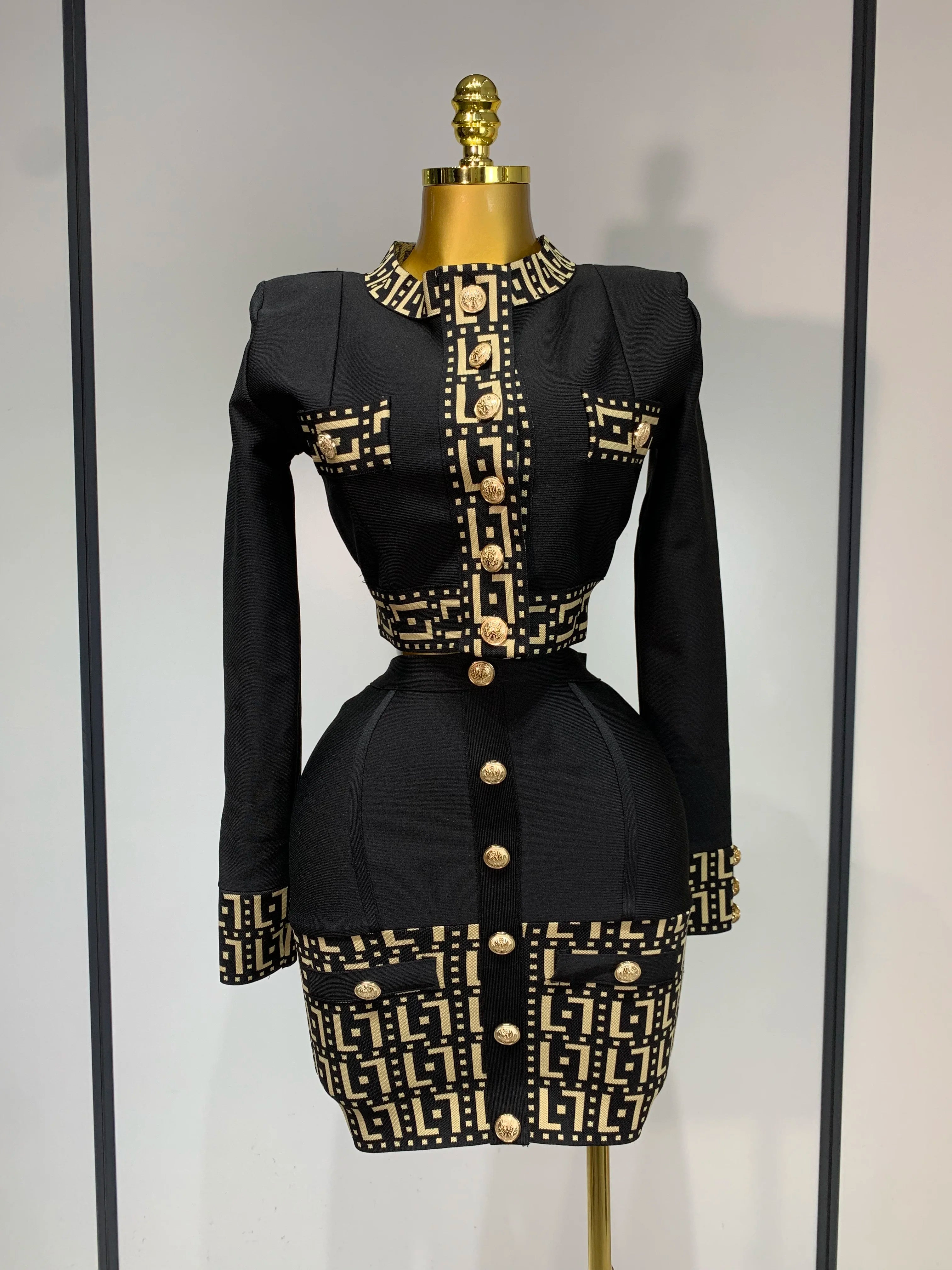 Women Black Long Sleeves Two Pieces Bandage Set Bottons Top Bodycon Mini Skirt Suit Evening Party Luxury Birthday Women's Outfit