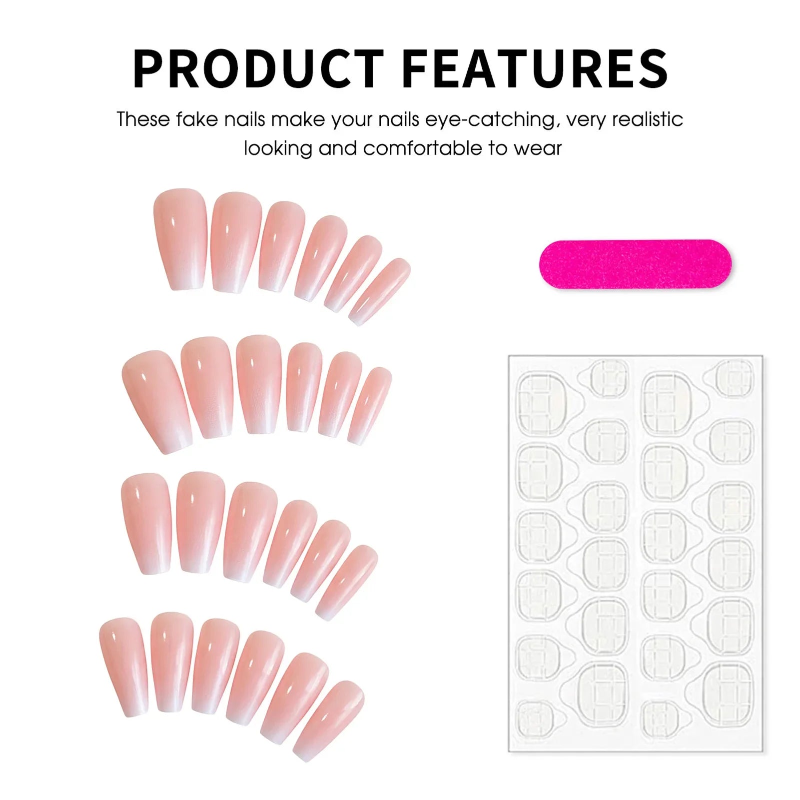 Gradient Pink Fake Nails 24Pcs Medium-length Coffin Press On Nails Sweet Girls Charm Manicure Full Cover Acrylic False Nails