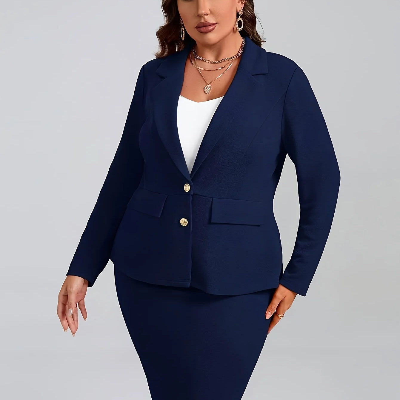 Plus Size Women's Elegant Suit Jacket Set Casual Office Lady Lapel Button Blazers Coats Skirt 2 Piece