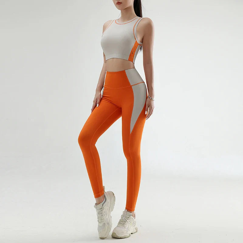 Women's color clashing quick-drying yoga clothes suit gym training clothes suit gathered undershirt lifting hip tight pants Orange suits