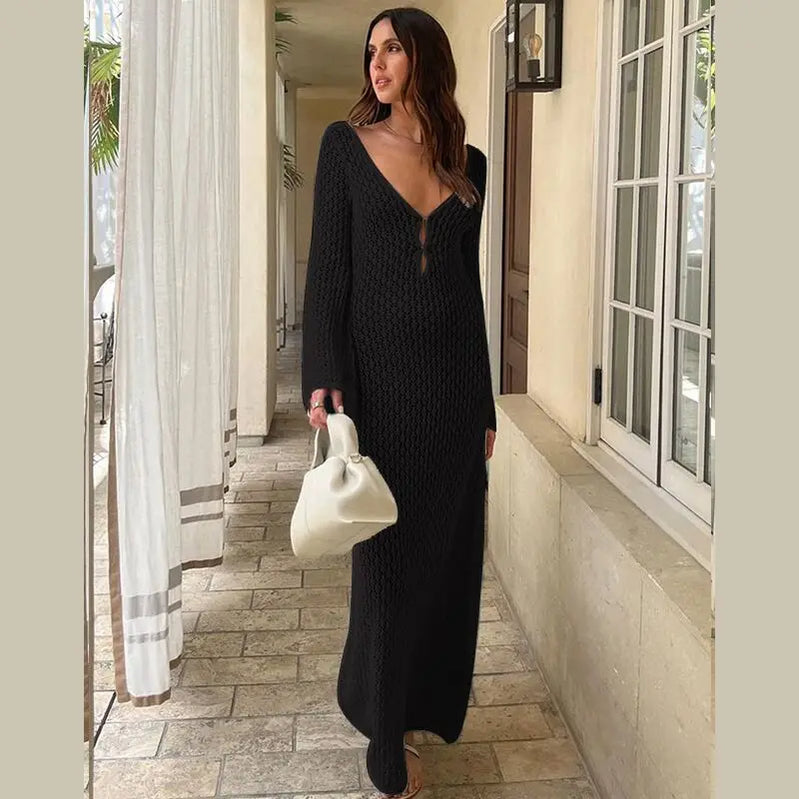 Sexy Women Long Knit Beach Dress Hollow-Out Deep V-Neck Long Sleeve Bikini Cover-Ups Dress Fall Backless Holiday Dress Black