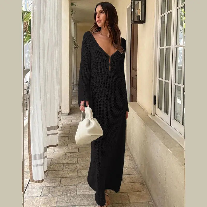 Sexy Women Long Knit Beach Dress Hollow-Out Deep V-Neck Long Sleeve Bikini Cover-Ups Dress Fall Backless Holiday Dress Black