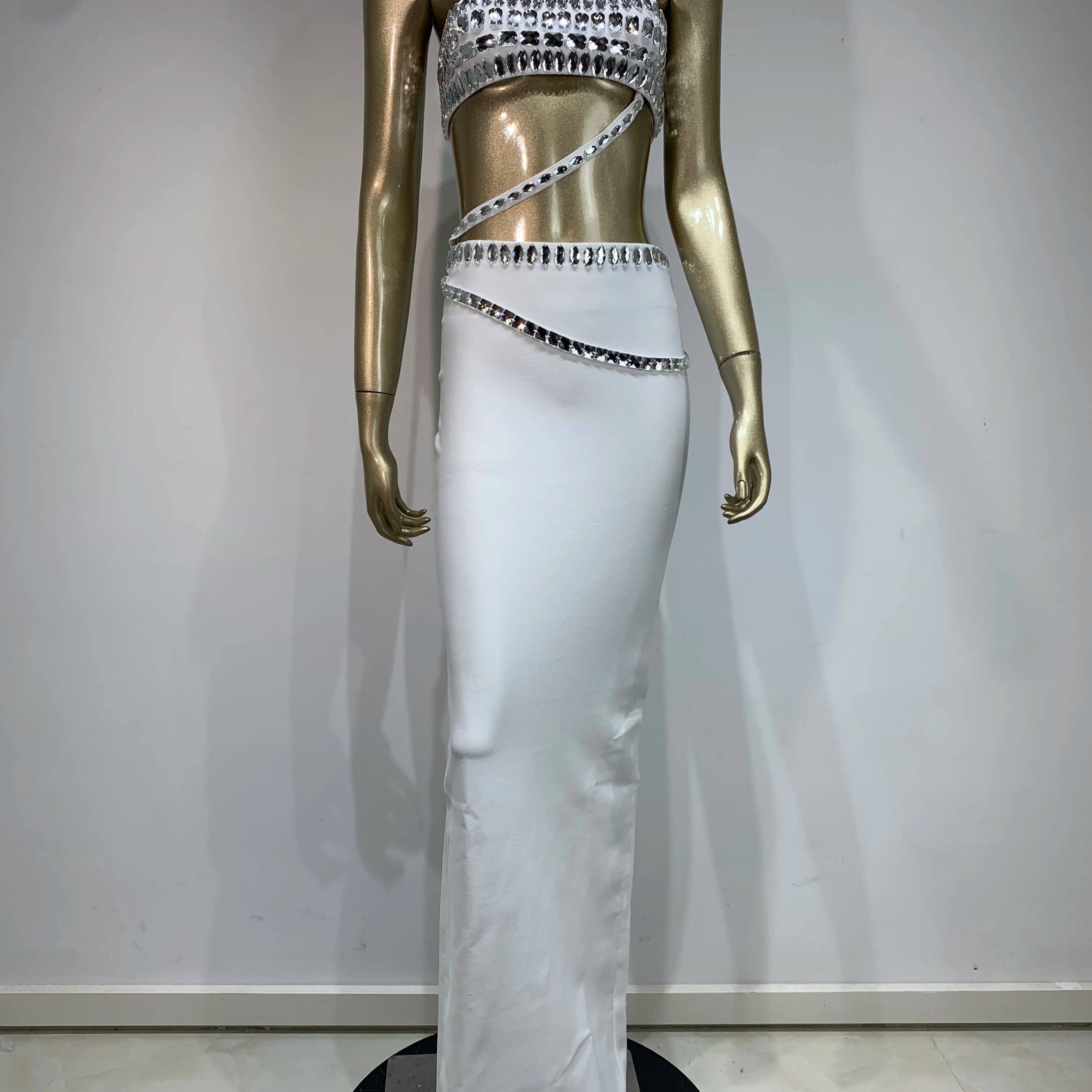 Women Summer Celebrity Sexy Beading Split Maxi Long White Bandage Skirt Set 2024 Knitted Elegant Evening Club Party Clothing