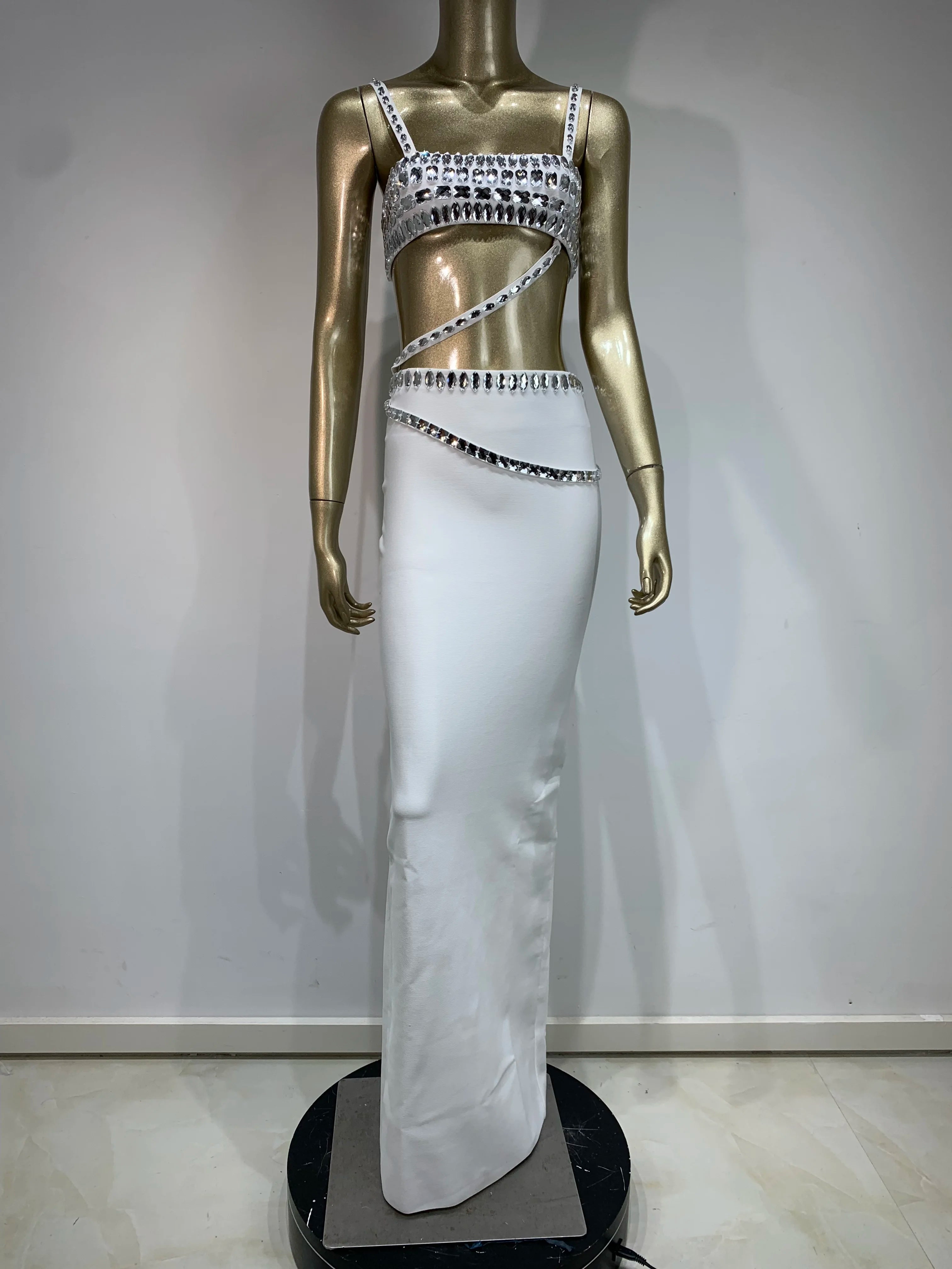 Women Summer Celebrity Sexy Beading Split Maxi Long White Bandage Skirt Set 2024 Knitted Elegant Evening Club Party Clothing