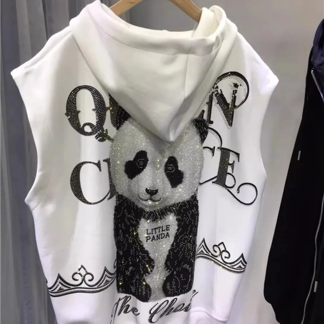 Plus Size Animal Letter Stamping Diamond Women's Jackets Sleeveless Hooded Fashion New Coat Vest Autumn Winter Female Cardigan WHITE