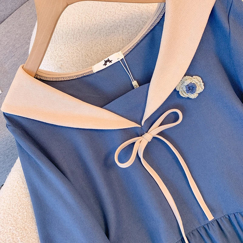 Plus Size Woman Preppy spring and autumn dress bow design girly commuter dress Graduation dress 5X-large, 6X-large blue.