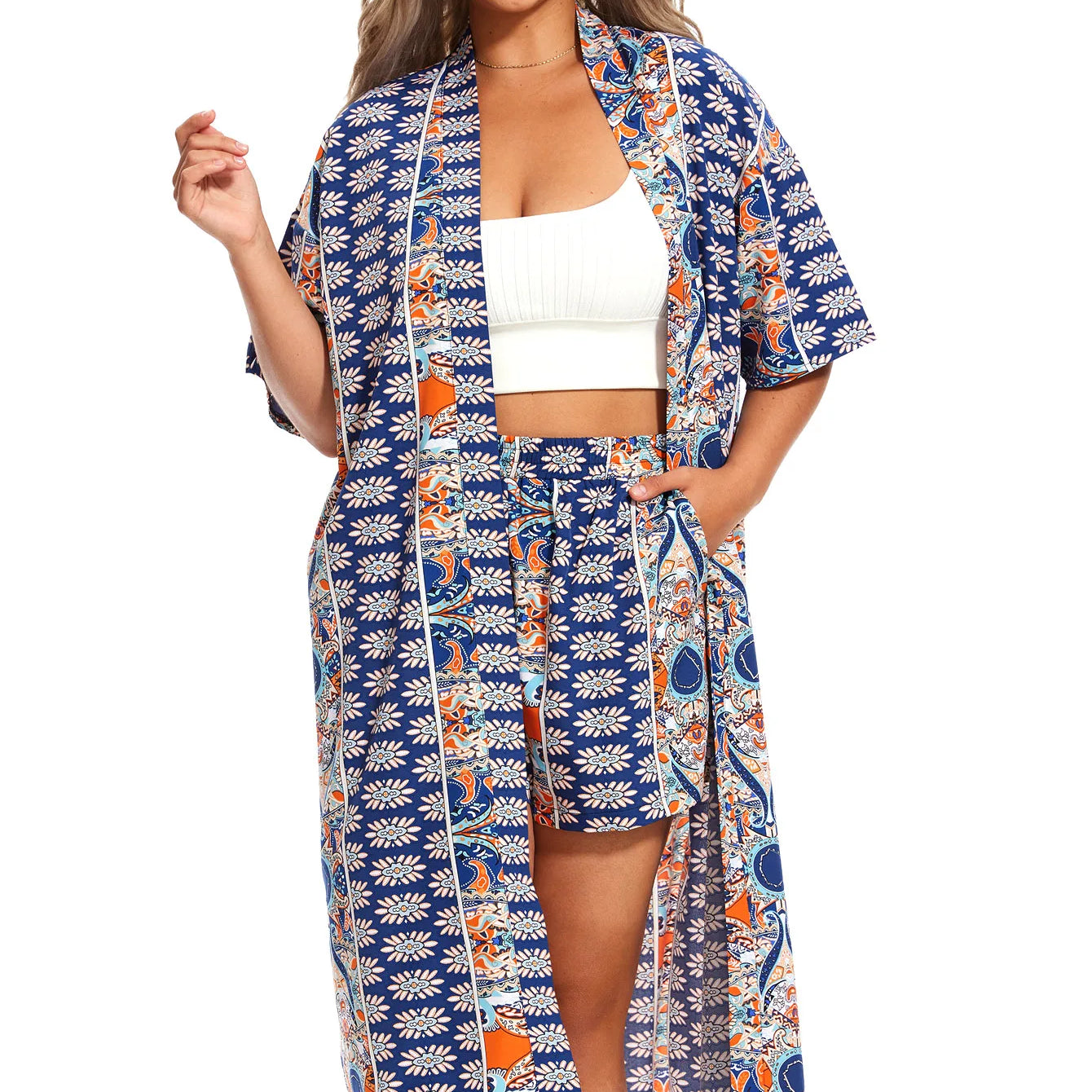 Plus Size Print Two-piece Set, Short Sleeve Open Front Kimono & Elastic Waist Shorts Outfits, Women's Plus Size Clothing