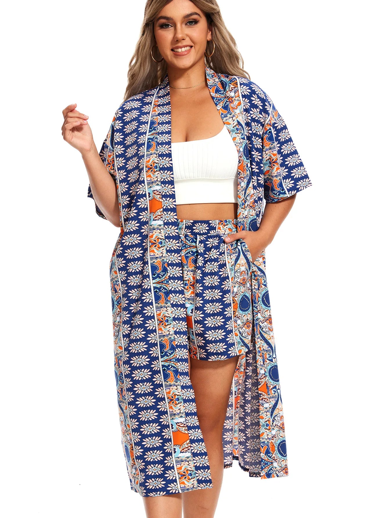 Plus Size Print Two-piece Set, Short Sleeve Open Front Kimono & Elastic Waist Shorts Outfits, Women's Plus Size Clothing