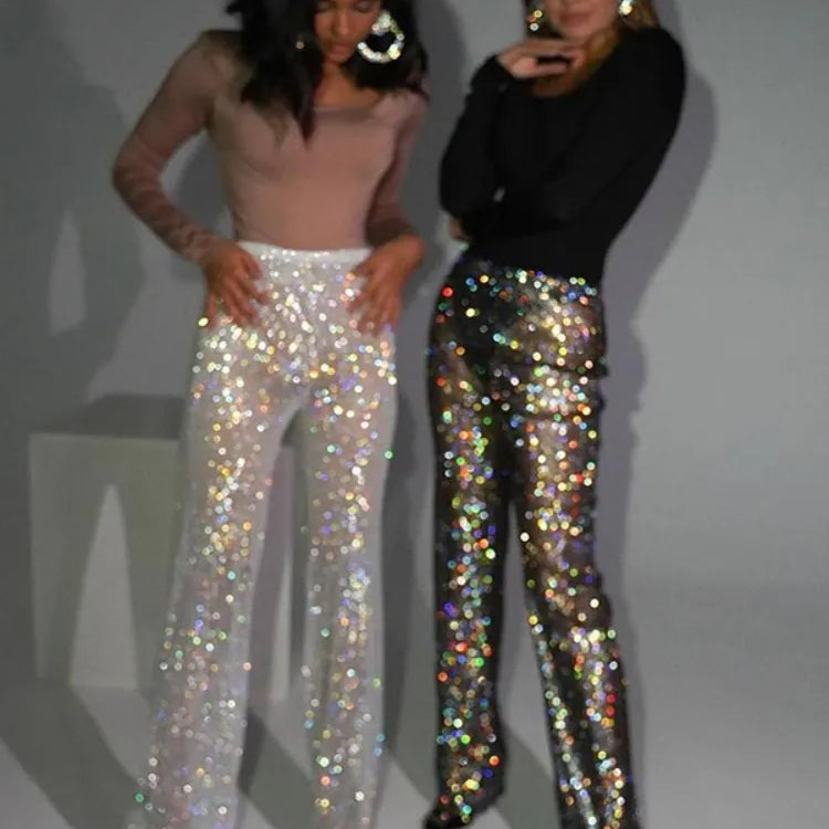 Fashion Sexy Glitter Crystal Diamonds Fishnet Women Pant See Through High Waist Pant Female Loose Hot Girl Party Clubwear