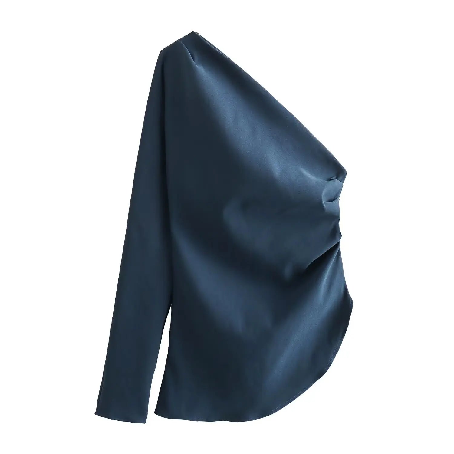 Autumn Vintage Women Solid Shirt Folds Asymmetrical One-Shoulder Shirt Skew Collar Shirt Women Elegant Mujer Tops as picture 3