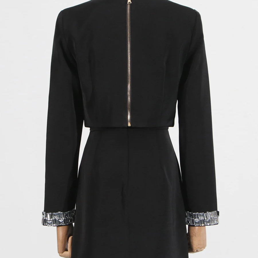 TWOTWINSTYLE Solid Slimming Spliced Bead Two Piece Sets for Women Round Neck Long Sleeves Short Top High Wasit Skirt Set Female