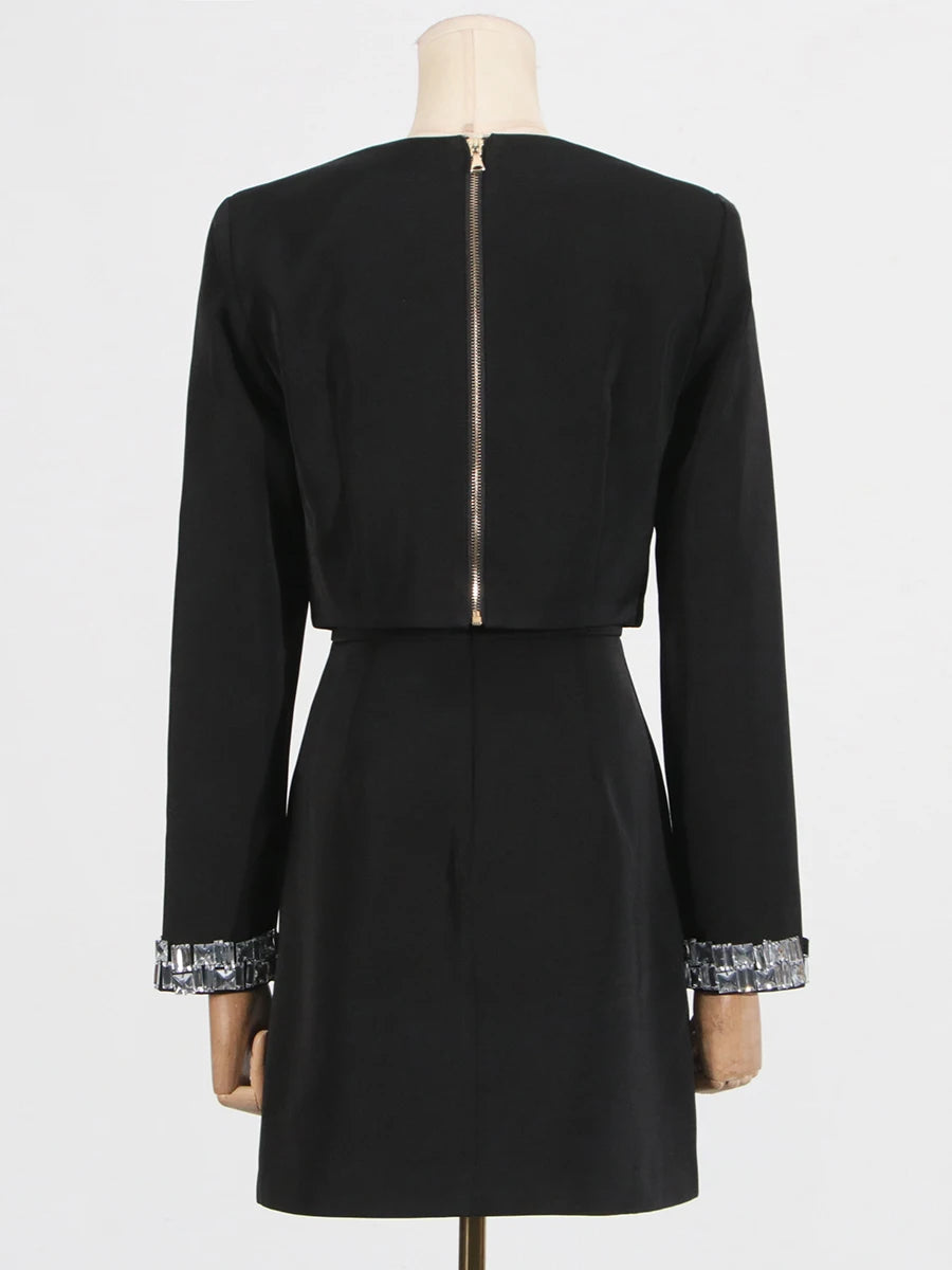 TWOTWINSTYLE Solid Slimming Spliced Bead Two Piece Sets for Women Round Neck Long Sleeves Short Top High Wasit Skirt Set Female