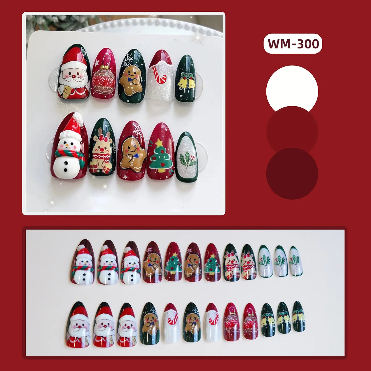 24pcs Cute Santa Claus Press on Nails Christmas Tree Gingerbread Man Fake Nails Sweet Red Almond False Nails New Year Xmas Gift