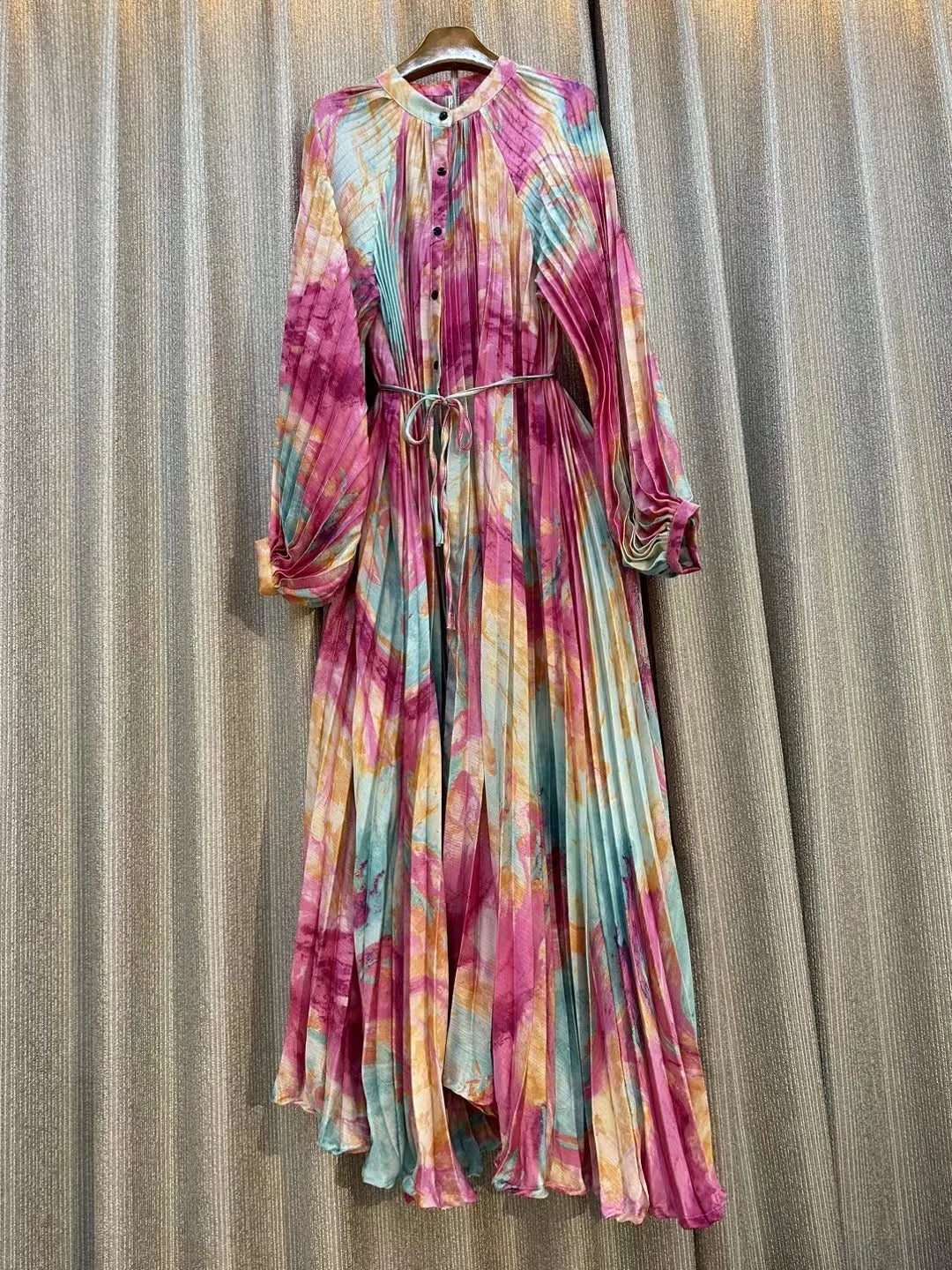 French Chic Print Pleated Maxi Party Dress For Women Retro Single Breasted Long Sleeve A-line Autumn Casual Vacation Female Robe pink One Size