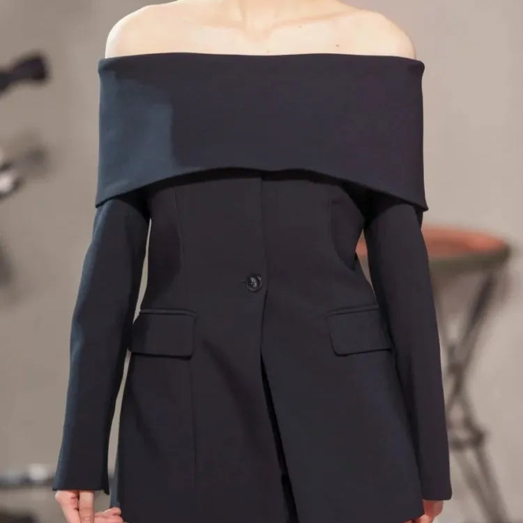 TWOTWINSTYLE Solid Temperament Blazers For Women Slash Neck Long Sleeve Patchwork Pocket Minimalist Slim Blazer Female Fashion