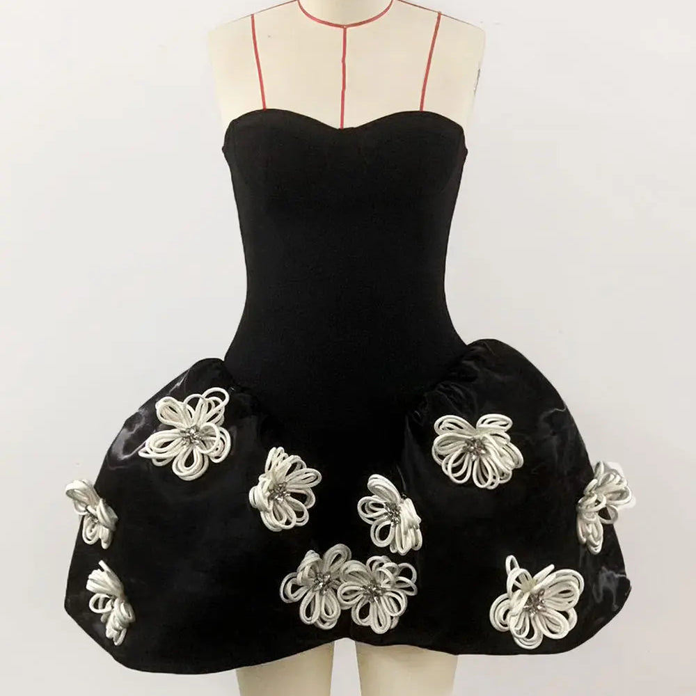 2024 Sexy Women's 3D Flower Decorative Puff Dress Strapless Sleeveless Backless A-line Mini Dress Cocktail Evening Party Vestido