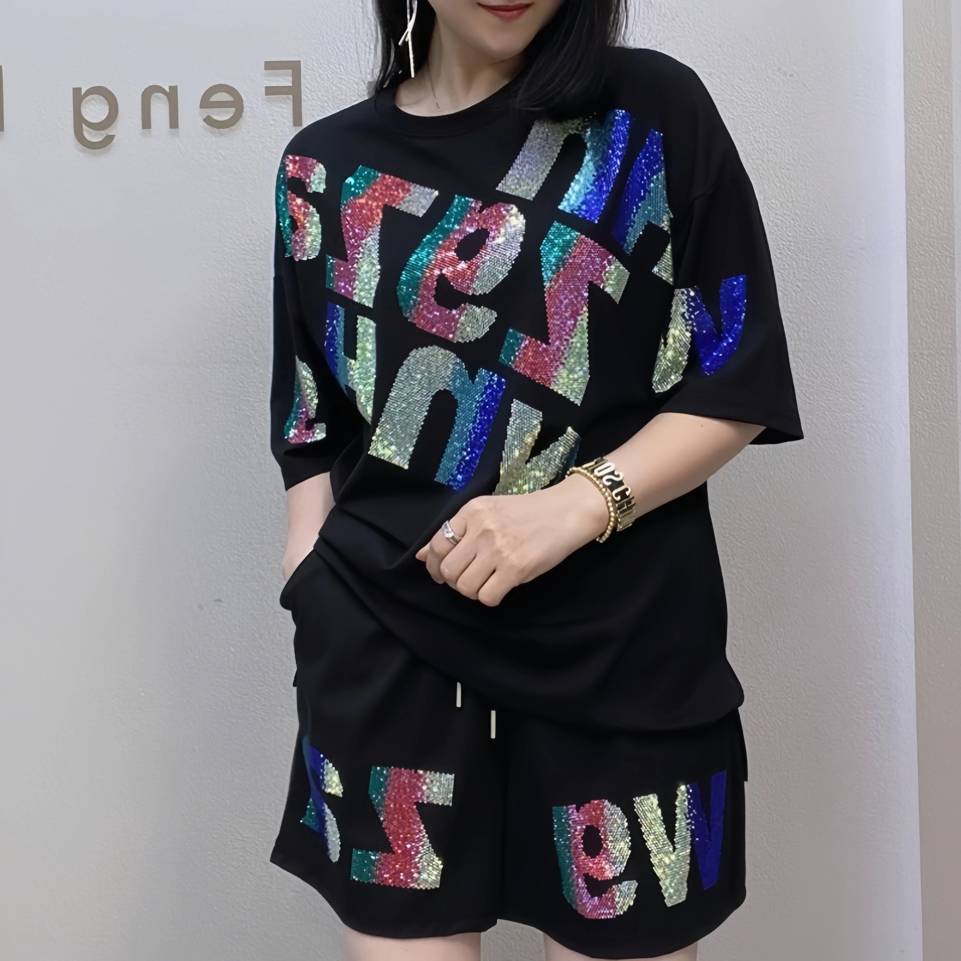 Oversized summer short-sleeved T-shirt and shorts casual set, Rhinestone wide-leg pants two-piece women's set