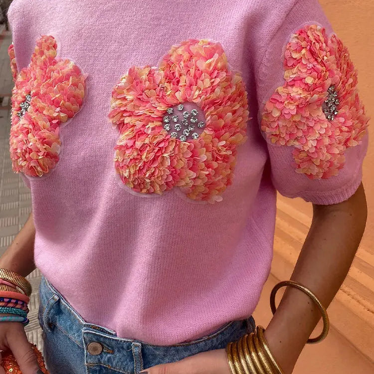 Fashion Women 3D Flower Knitted Sweater Elegant Lady O Neck Short Sleeved Pullover Tops Chic Female Commute Street Outfits