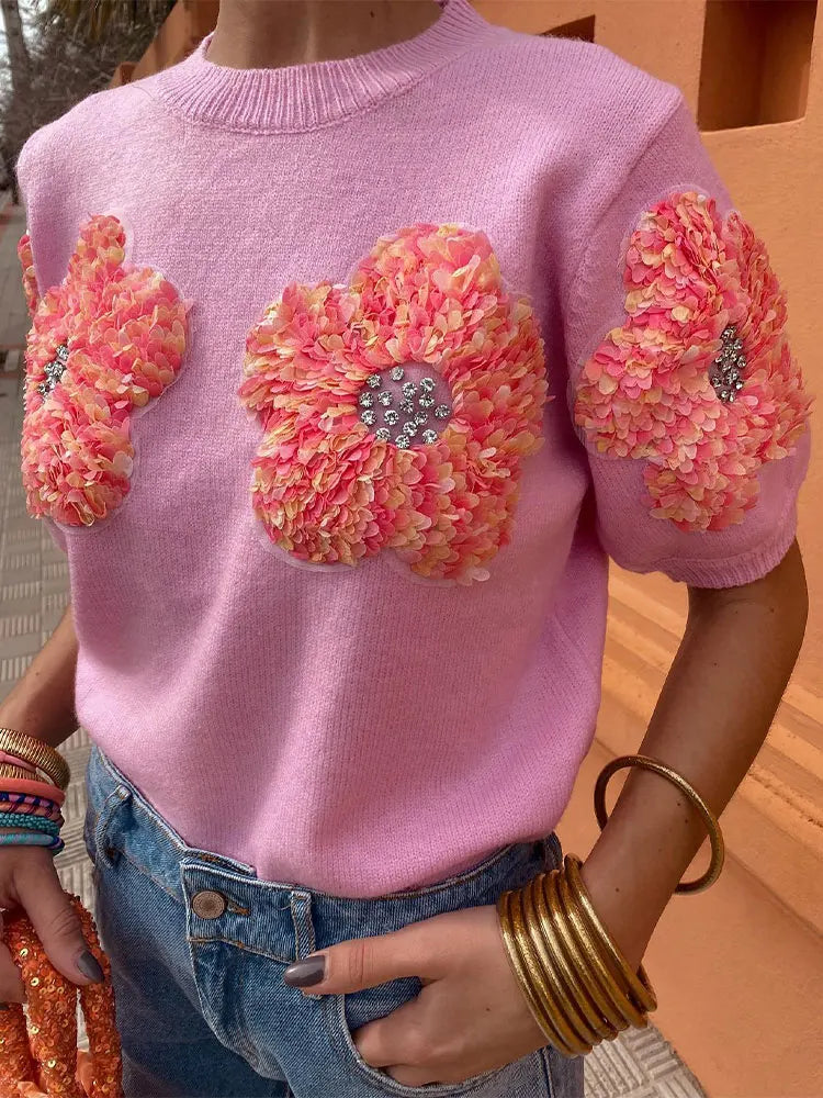 Fashion Women 3D Flower Knitted Sweater Elegant Lady O Neck Short Sleeved Pullover Tops Chic Female Commute Street Outfits