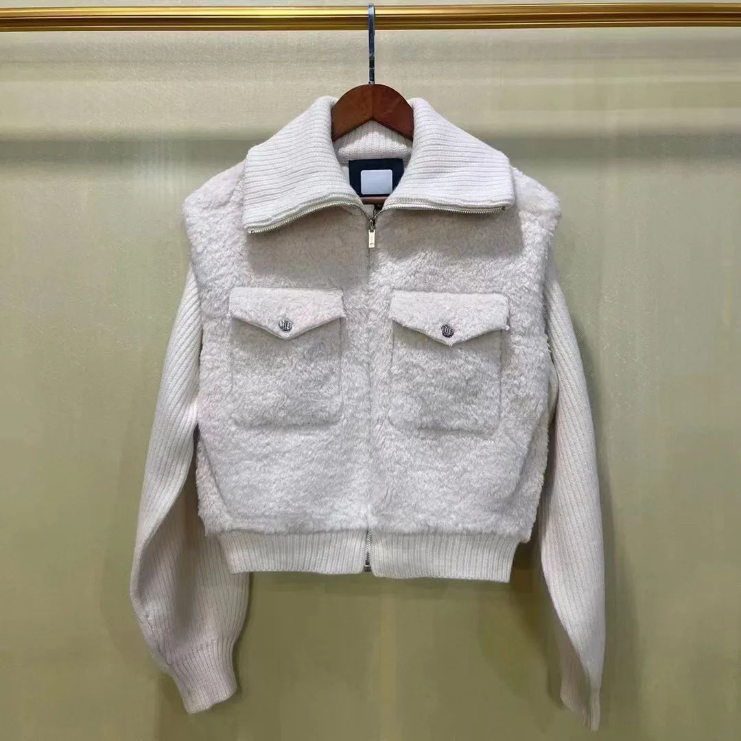 IOO Winter New Thick Warm Wool Fur Women Coats Knit Splice Turn-Down Collar Pocket Faux Fur Short Female Outwear Jackets Tops beige