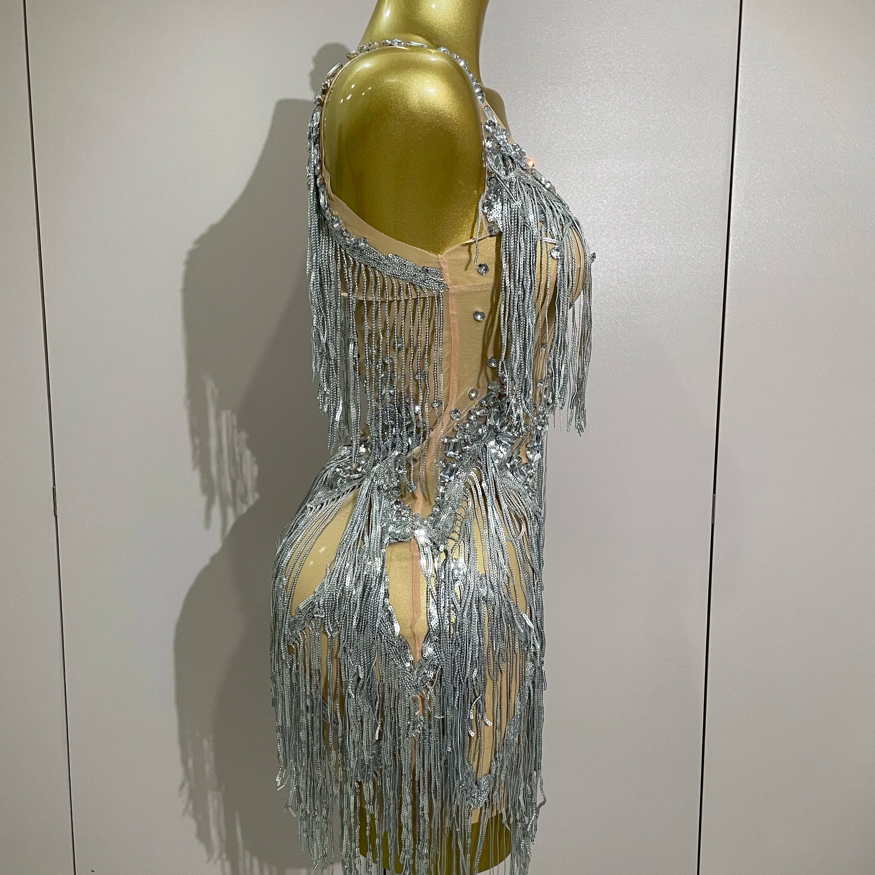 Sparkly Rhinestone Tassels Sexy Mesh Mini Dress 2025 Women Evening Birthday Party Dresses Nightclub Performance Stage Costume