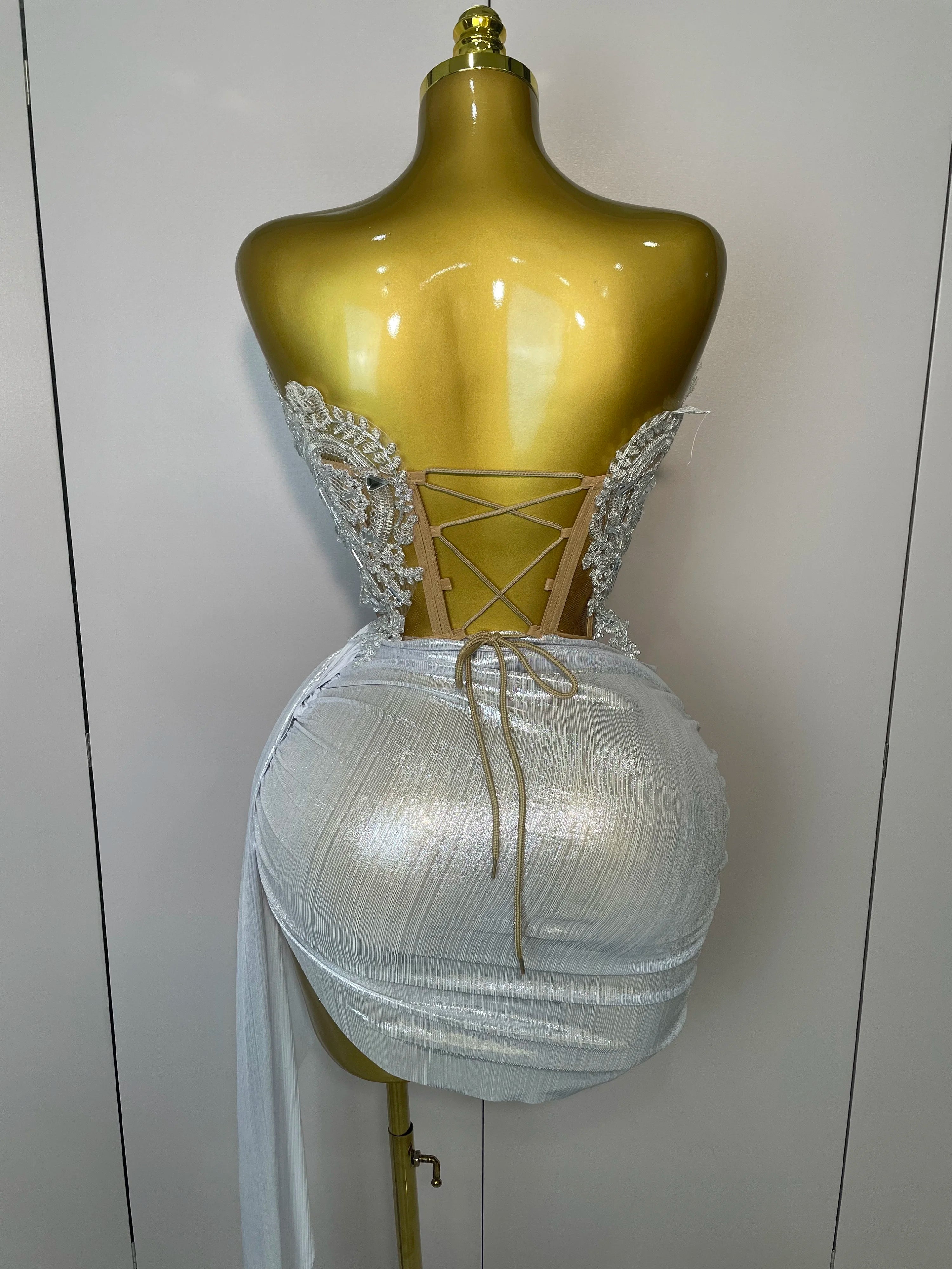 Sparkly Silver Sequins Sexy Strapless Short Dress 2Pcs Set Newest 2025 Women Party Birthday Nightclub Singer Dancer Stage Wear